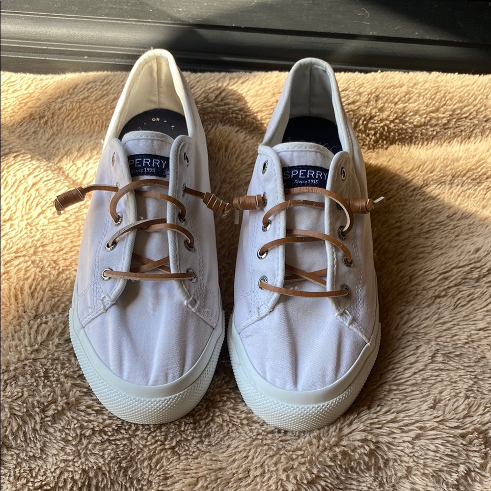 Sperry White Canvas Sneakers with Tan Laces